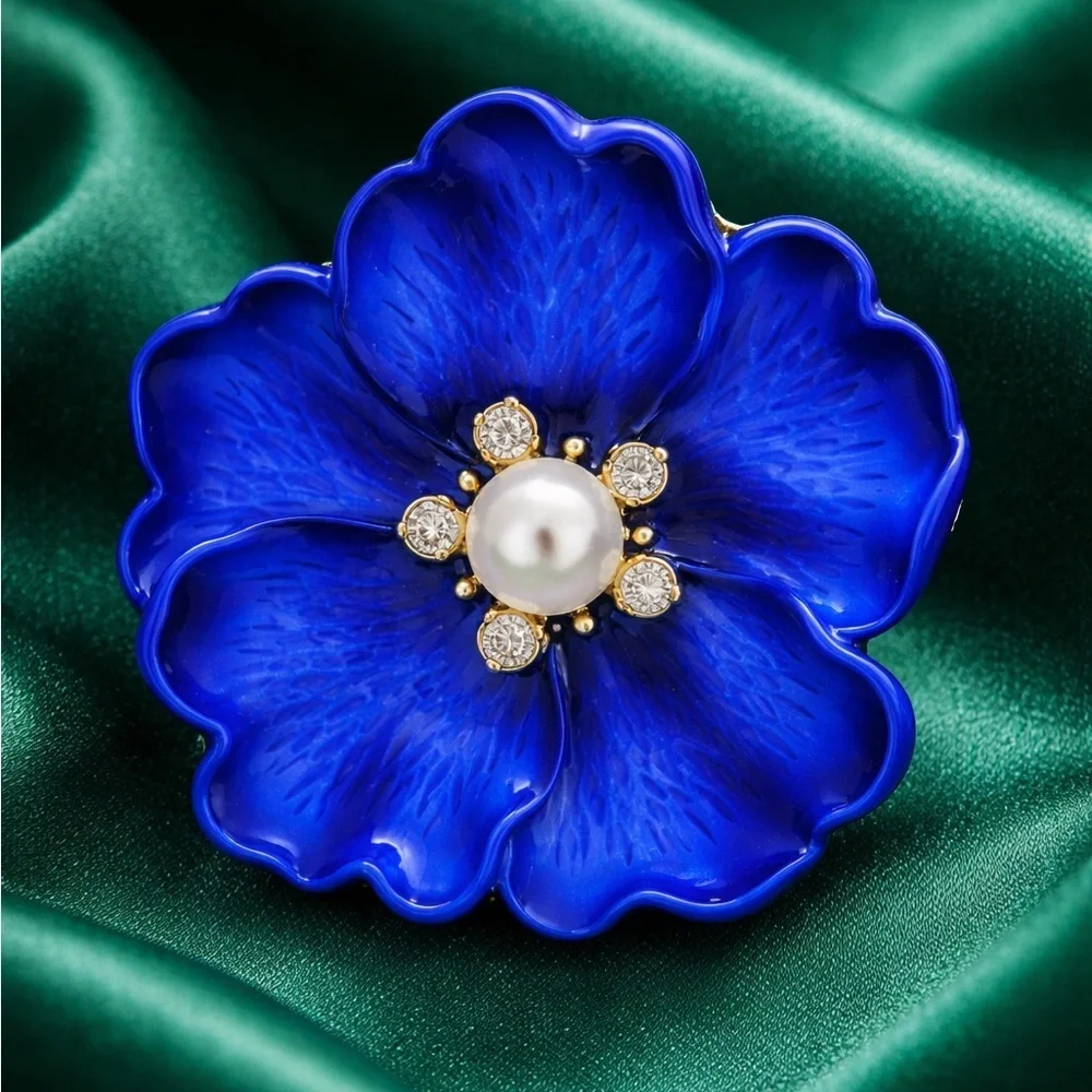 Royal Blue Floral Blossom Pearl Crystal Brooch
